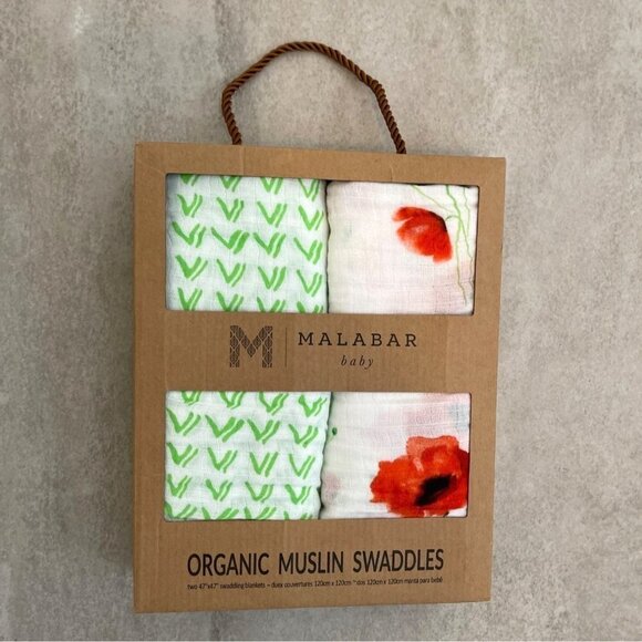 Malabar Baby 2 Pack Organic Muslin Swaddles Gift Set Poppyfield and Grass NEW - Picture 4 of 14